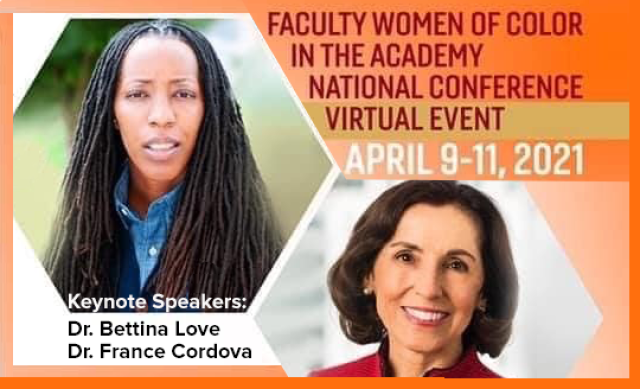 Graphic for the Virginia Tech Faculty and Women of Color in the Academy 2021 Conference featuring portraits of keynote speaker, Dr. Brettina Love and Dr. France Cordova