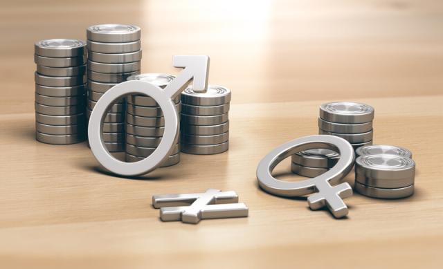 Two stacks of coins, larger stack has male gender symbol on it, small stack has female gender symbol on it