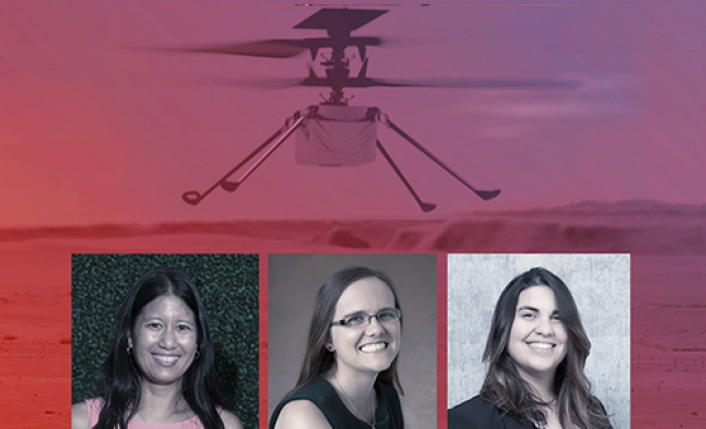 Portraits of three women NASA engineers in front of image of Mars rover in flight over Mars.