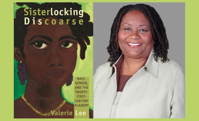 Portrait of Dr. Valerie Lee and image of her Sister Locking Discoarse book cover with painted portrait of young black woman