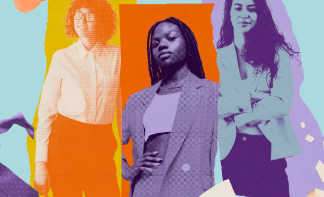 Three women posing in front of color block.