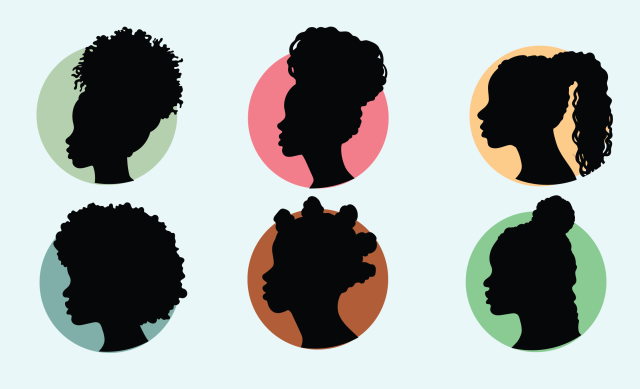 Illustration of six silhouettes of Black women with different hairstyles
