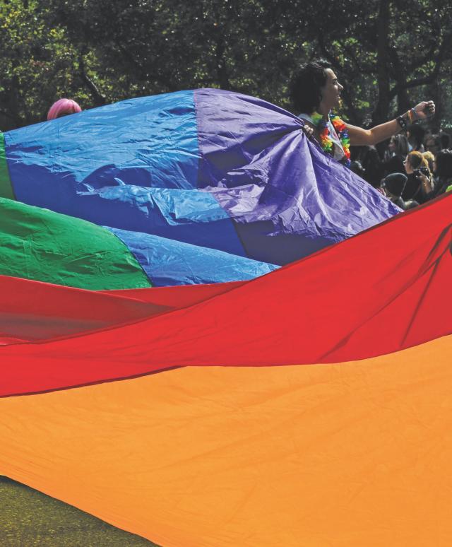 Person holding LGBTQ+ Equality flag