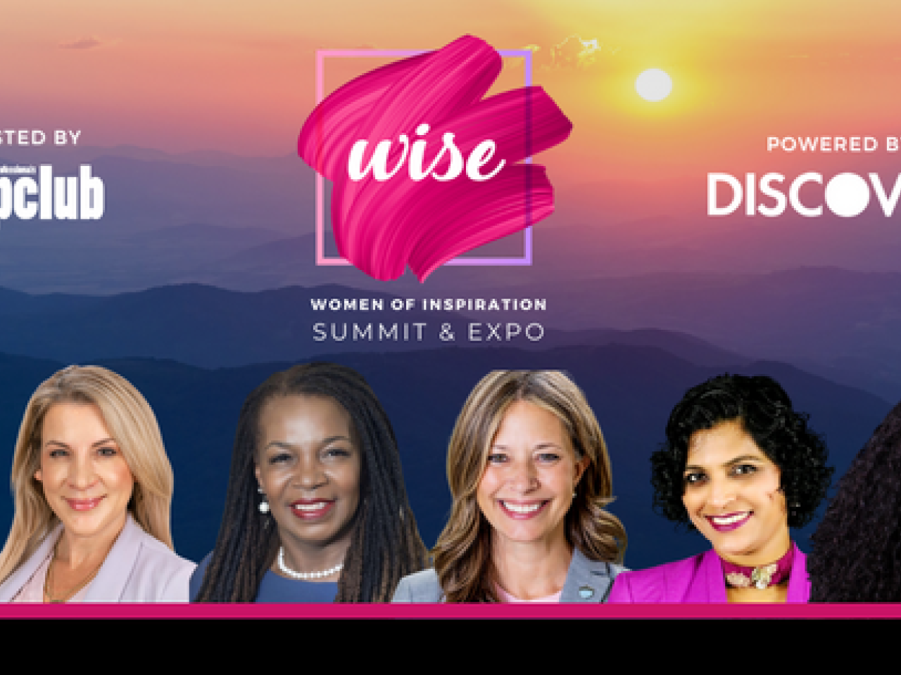 WISE summit logo along with "hosted by CYPclub" and "Powered by Discover" with portraits of five diverse women professionally dressed