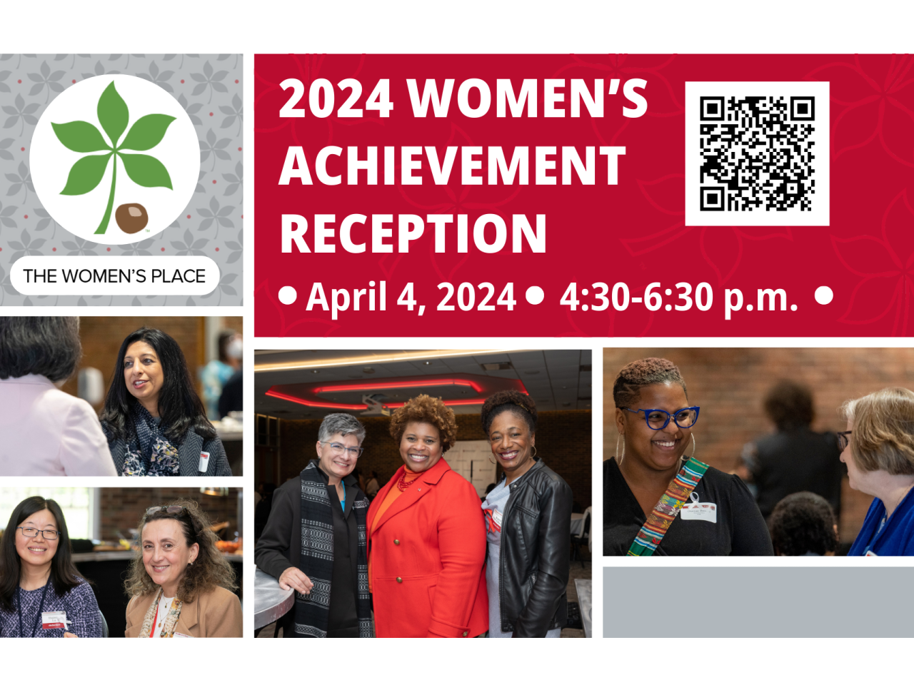 Graphic with a collage of photos of diverse women at a reception with this written "2024 Women's Achievement Reception, April 4, 2024, 4:30 - 6:30pm"
