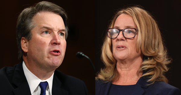 Images of Brett Kavanaugh and Christine Blasey Ford during senate hearings