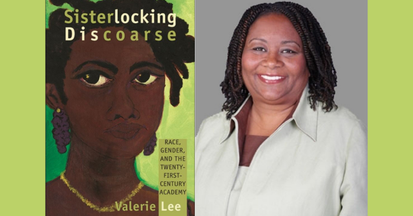 Portrait of Dr. Valerie Lee and image of her Sister Locking Discoarse book cover with painted portrait of young black woman