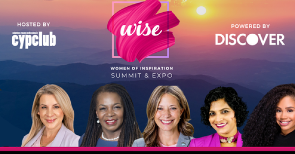 WISE summit logo along with "hosted by CYPclub" and "Powered by Discover" with portraits of five diverse women professionally dressed