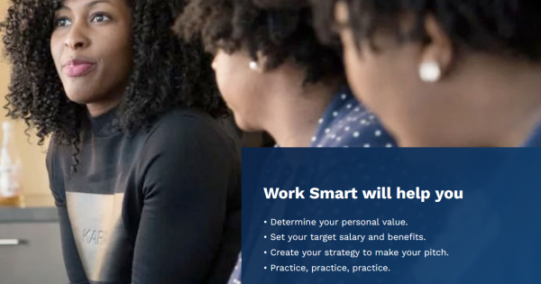 Three women sitting down looking off in the distance with the text "Work Smart will help you determine your personal value, set your target salary and benefits, create your strategy to make your pitch, and practice, practice, practice".
