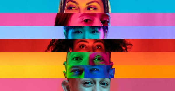 Bands of LGBTQ rainbow colors with cropped images of a person's face in each color band