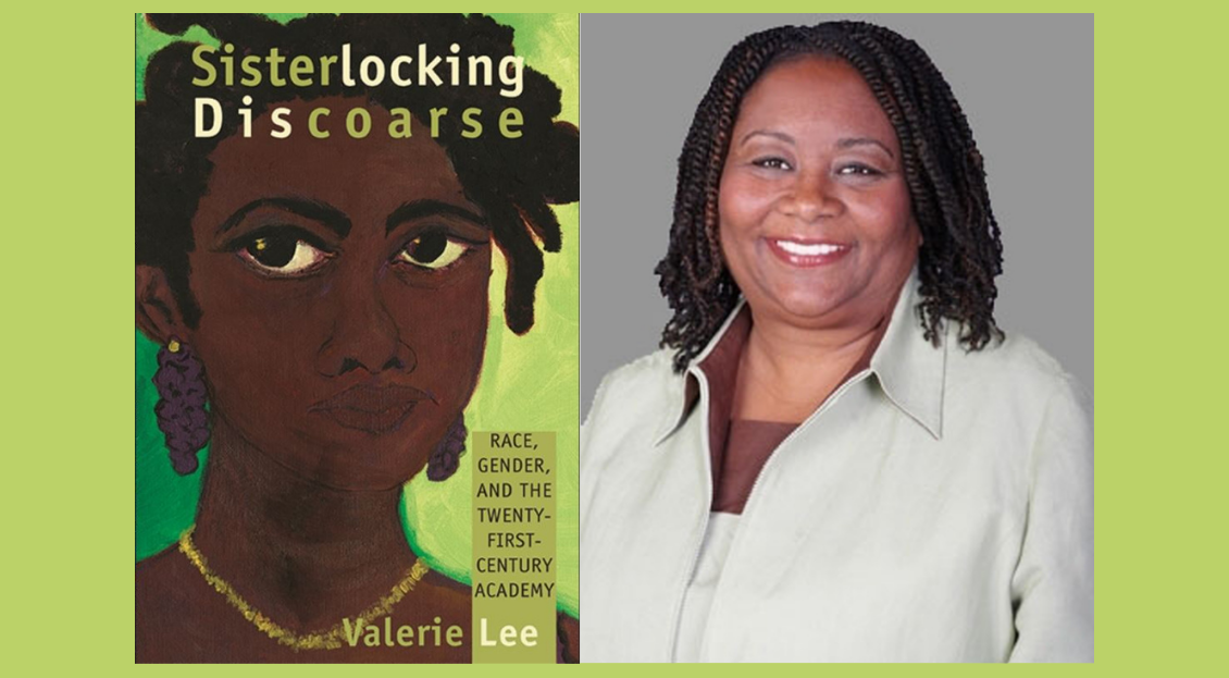 Portrait of Dr. Valerie Lee and image of her Sister Locking Discoarse book cover with painted portrait of young black woman