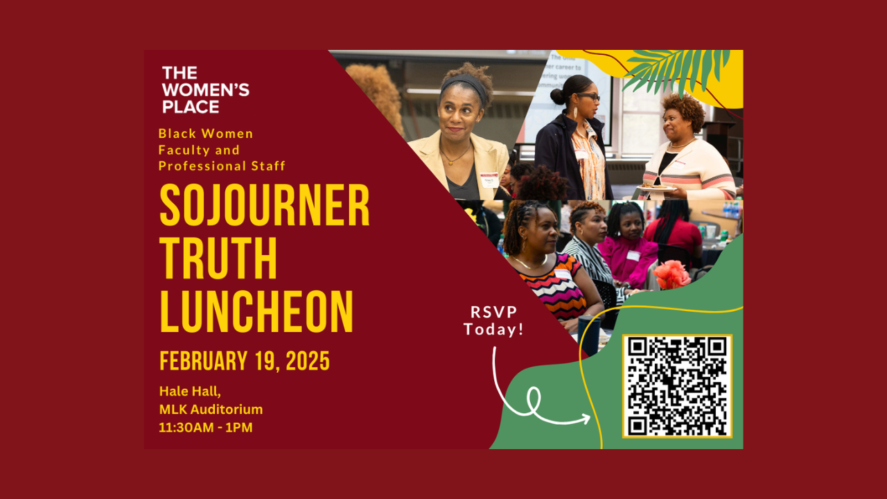 The Sojourner Truth Luncheon, February 19, 2025, at Hale Hall, MLK Auditorium. Includes images of attendees and a QR code.