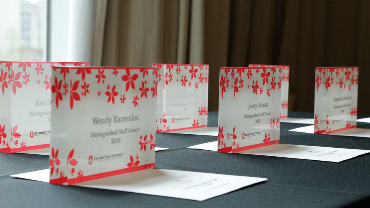 Multiple awards laid out on a table