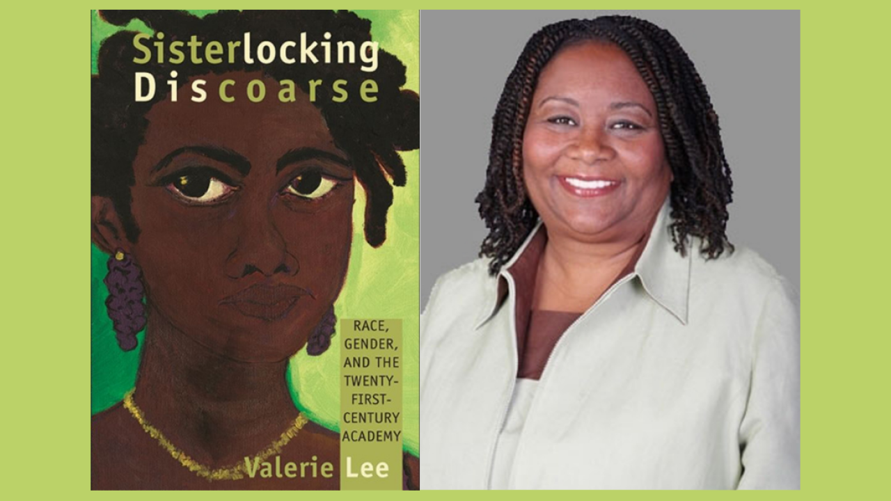 Portrait of Dr. Valerie Lee and image of her Sister Locking Discoarse book cover with painted portrait of young black woman