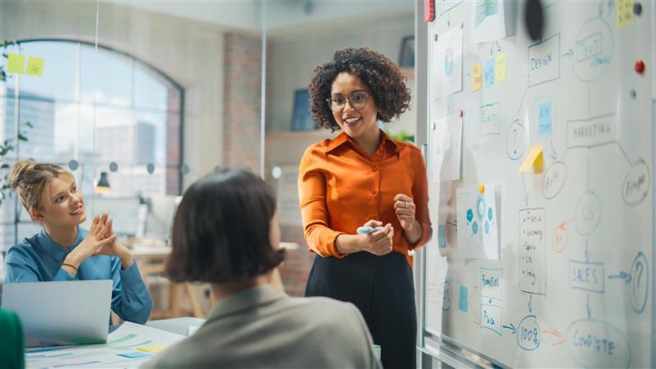 A woman confidently presents to her colleagues in a professional setting, engaging them with her insights and ideas.